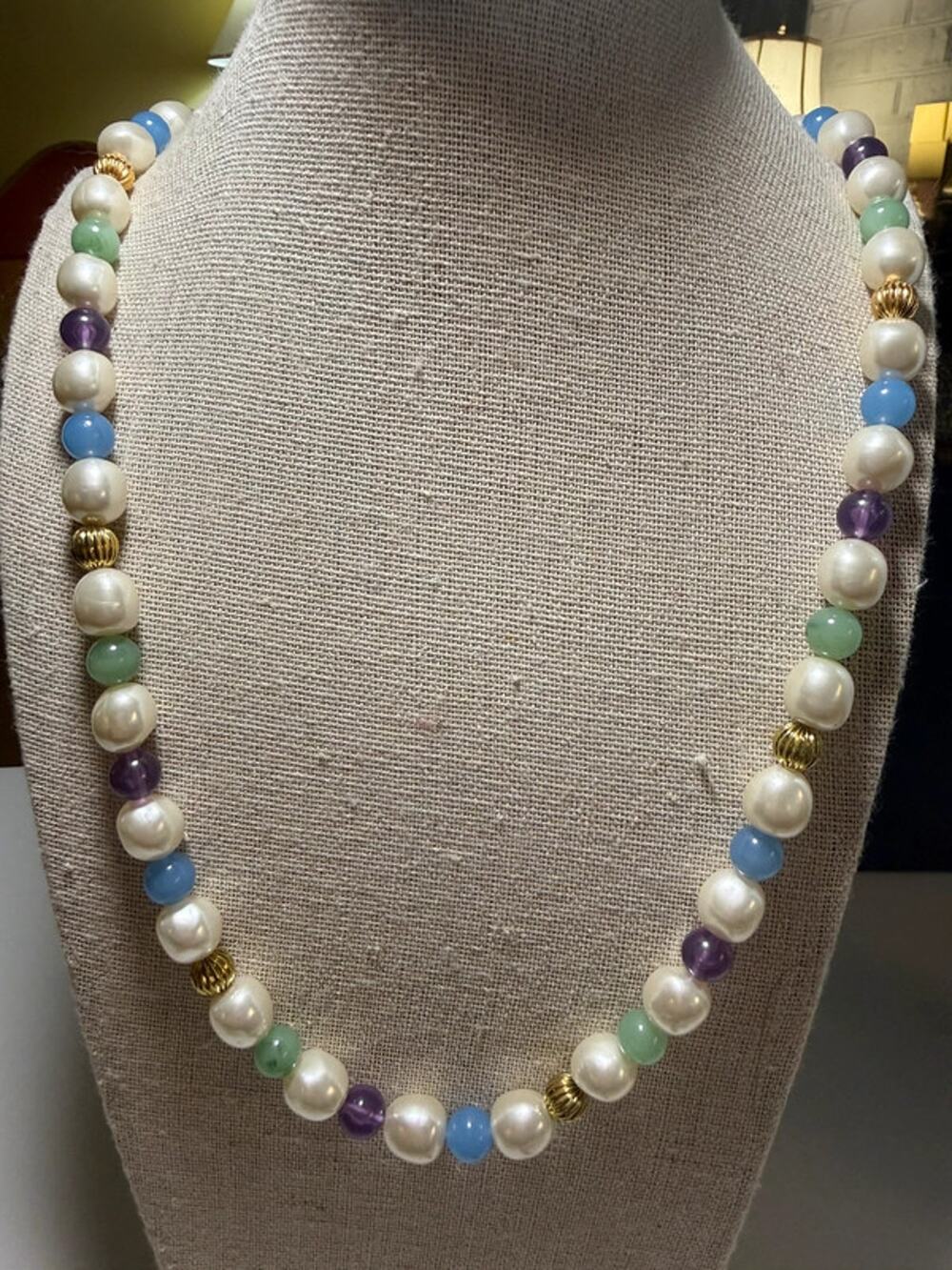 Faux pearl and colored + gold bead necklace 36”